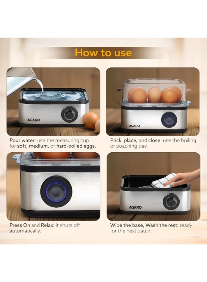 AGARO Grand Egg Boiler and Poacher,2-in1 Boils 8 Eggs, Poach 4 Eggs, Steamed Vegetables, 3 Boiling Modes, Stainless Steel Body, Transparent Lid, 500 Watts, Silver |14 Ounces - Image 4